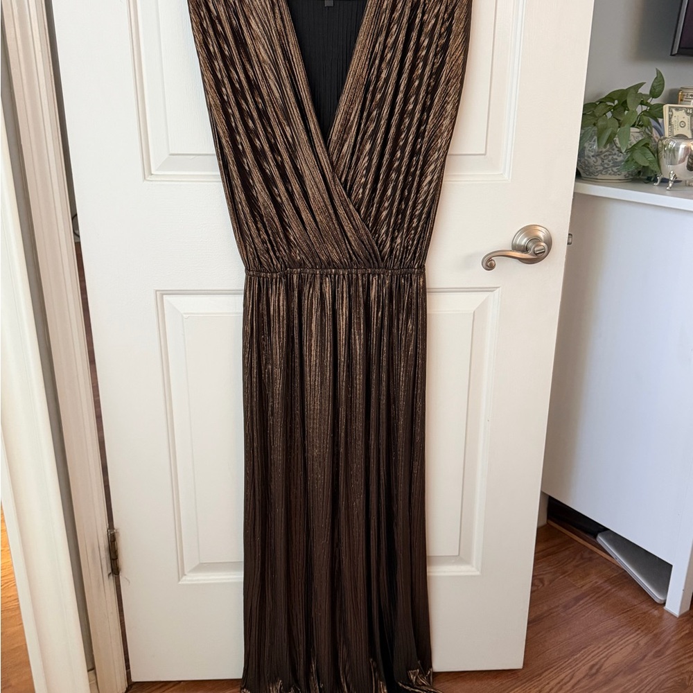 Renee C. Metallic Brown Pleated V-Neck Women’s Maxi Dress